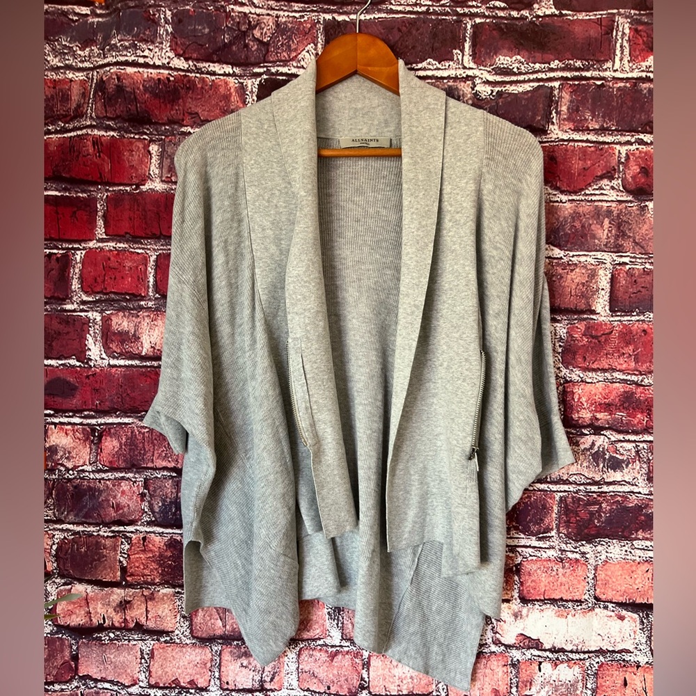 AllSaints Gray Zip-Front Draped Poncho Cardigan